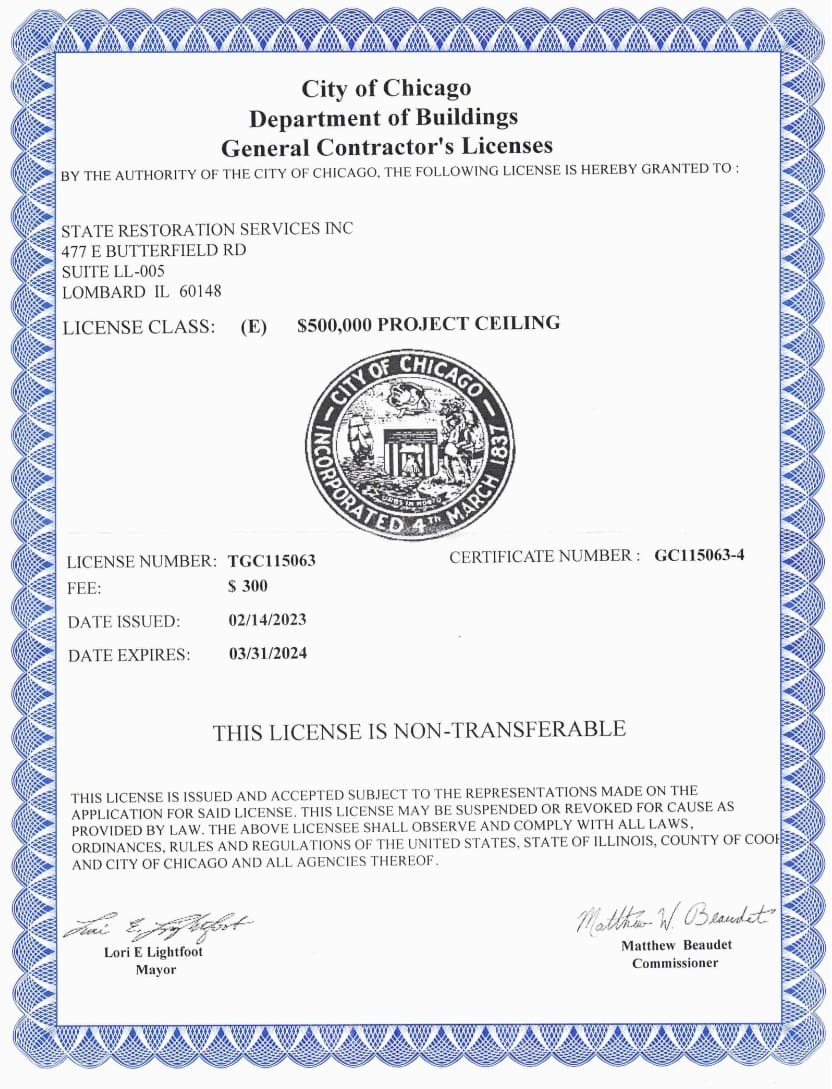 General Contractors License City of Chicago - State Restoration Services